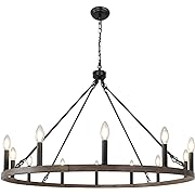 Photo 1 of Wagon Wheel Chandelier, 12-Light 38.2 Inch Large Black Faux Wood Metal Farmhouse Chandelier Light Fixture, Rustic Candle Round Chandeliers for Living Room Foyer Entryway High Ceilings