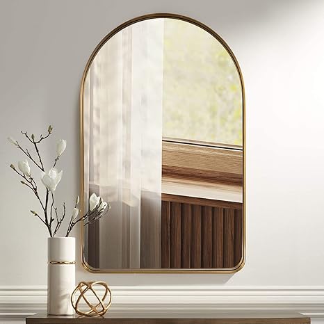 Photo 1 of ANDY STAR Arched Mirror, 22" x 35" Gold Bathroom Mirror in Stainless Steel Metal Frame, Arch Top Rounded Corner 1" Deep Set Design Wall Mount Hangs Vertical