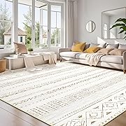 Photo 1 of Large Living Room Area Rug 8x10: Soft Machine Washable Boho Moroccan Farmhouse Rugs for Bedroom Under Dining Table - Non Slip Neutral Morden Indoor Floor Carpet for Home Office Decor - Brown/Cream
