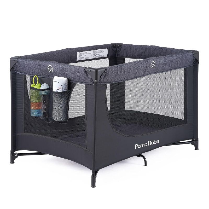 Photo 1 of Pamo Babe Portable Crib Baby Playpen with Mattress and Carry Bag (Black)

