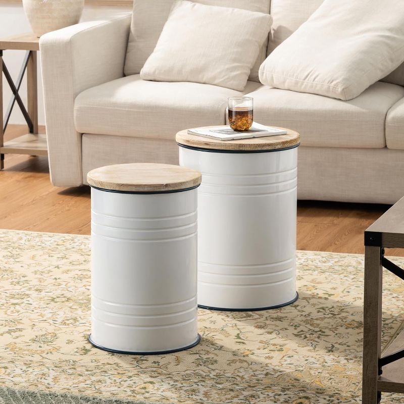 Photo 1 of glitzhome Rustic End Table Set of 2, Farmhouse Galvanized Metal Barrel Ottoman Storage Stool with Round Wood Lid for Living Room Furniture, White
