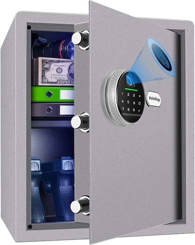 Photo 1 of Biometric Home Safe, Fingerprint Gun Safe Lock Box,Money Box for Jewelry Handgun Cash Valuables,Perfect for Home/Office/Hotel, Grey,1.2 Cubic Feet Metal Grey 13"D x 13.8"W x 11.8"H