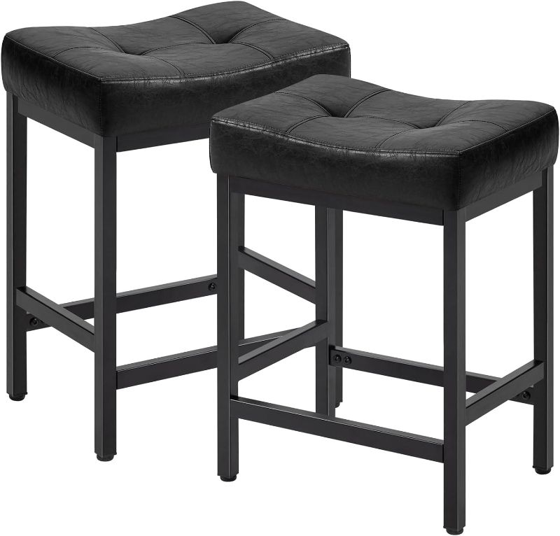 Photo 1 of Bar Stools Set of 2, Counter Height 24" Barstools, Modern Upholstered Counter Stool, PU Leather Backless Saddle Stool for Kitchen Island or Home Bar, Black

