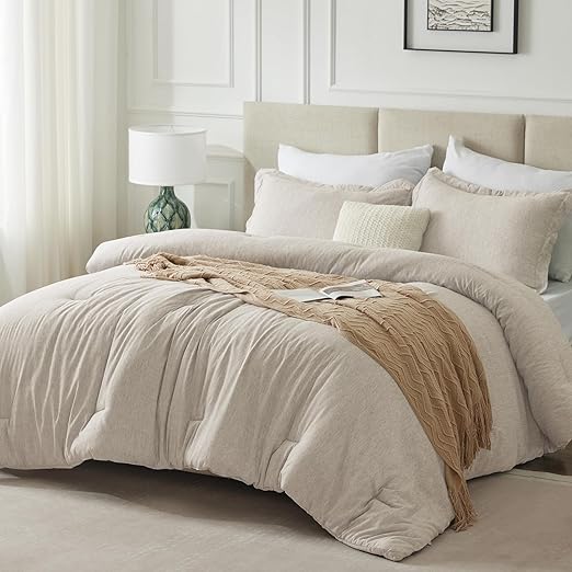 Photo 1 of  Queen Size Comforter Set - 3 Pieces Beige Soft Luxury Cationic Dyeing Bedding Comforter for All Season, Breathable Lightweight Fluffy Boho Bed Sets with 1 Comforter and 2 Pillow Shams