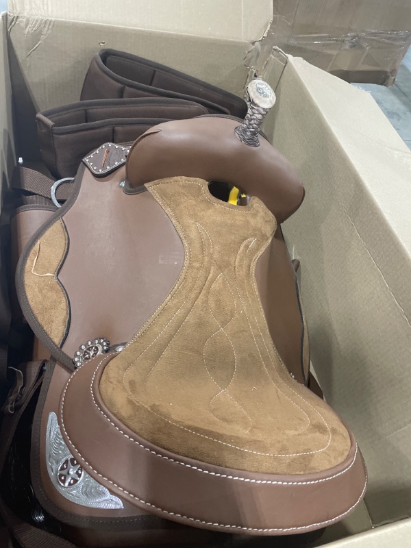Photo 2 of Classic Barrel Racing Handmade Western Synthetic Horse Saddle Lightweight High Cantle Barrel Racing Saddle Trail Tack Equestrian Horse Saddle All Accessories 17" Brown