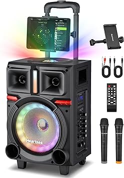 Photo 1 of HEARTSEA Karaoke Machine with 2 Wireless Microphones for Kids, Portable Bluetooth Singing Speaker Adults with Disco Ball + Lyrics Display Holder - TF Card/USB/FM Radio for Parties Recording