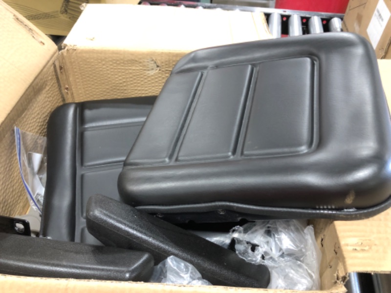 Photo 2 of Universal Tractor Seat Mower Seat Forklift Seat Foldable PVC Black Seat with Safety Belt Armrest,45°-180° Adjustable Backrest,0-90° Armrests,Slide for Lawn Mover Excavat Tractor Forklift
