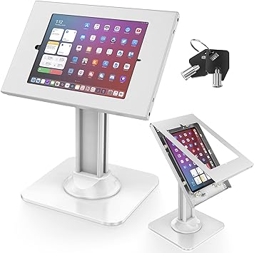 Photo 1 of AboveTEK Anti-Theft iPad Kiosk Stand – POS iPad Security Stand & Locking Tablet Stand – Heavy Duty Base, 360° Swivel, 75° Tilt Bracket – Retail Business for iPad/iPad Air/iPad Pro (White)