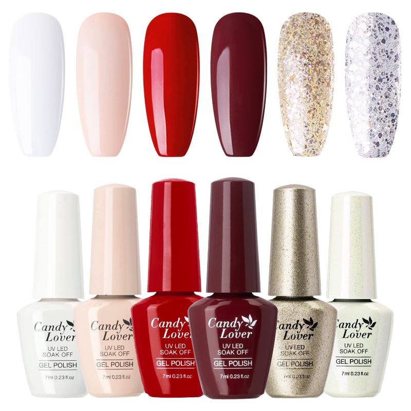 Photo 1 of Candy Lover Gel Nail Polish Set, White Red Peach Golden Glitter Colors Gel Polish, UV LED Nail Polish Gel
