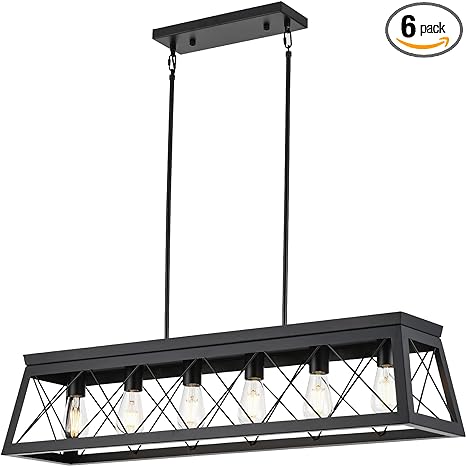 Photo 1 of Yaohong Farmhouse Rectangle Kitchen Island Chandelier Lighting, Metal Rustic Dining Room Pendant Light Fixture Industrial Linear Cage Pool Table Bar Counter Light 6 Lights