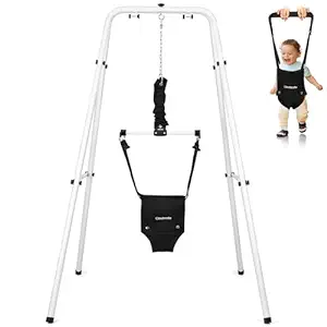 Photo 1 of Cowiewie Baby Jumper with Stand, w/Walking Harness Function, for Infant 6-12 Months, Strong Support Stand for Small Spaces, White+Black