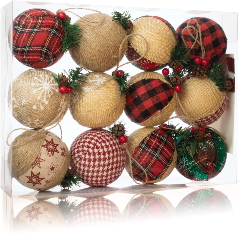 Photo 1 of 12 Pcs Burlap Christmas Ball Ornaments, 3.15 Inches Rustic Buffalo Plaid Christmas Tree Ornaments, Natural Jute Farmhouse Decorations for Xmas Tree, Holiday, Party