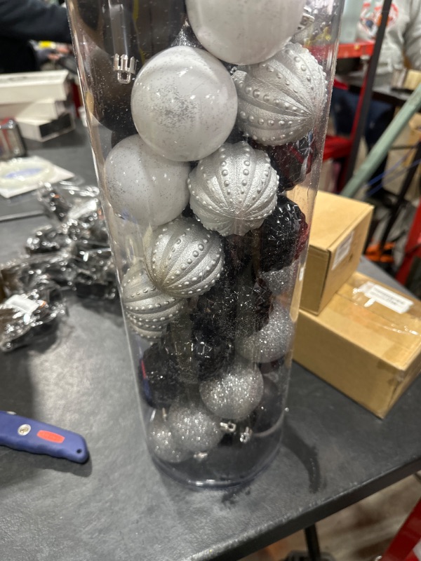 Photo 1 of 45PCS 2.36"(60mm) Christmas Ball Ornaments, Shatterproof Plastic Ball Present for Xmas Trees,Festival, Home Party and Wedding Party,Small Size Christmas Tree Ornaments(Black/White/Silver)