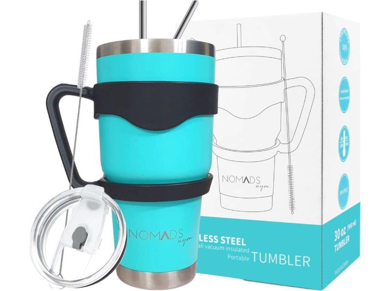 Photo 1 of 30oz Tumbler with Handle, Stainless Steel Vacuum Insulated Travel Coffee Mug Spill Proof, 2 Straws, 2 in 1 Spill Proof Lid and Brush (Aqua Blue)