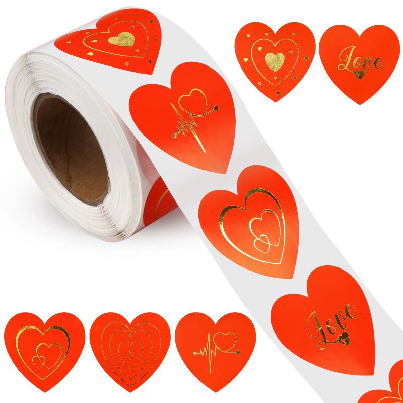 Photo 1 of 500 PCS Red Heart Stickers for Kids,Valentines Day Stickers with Gold Foiling 5 Different Designs in one roll,Love Decorative,for Conversation Hearts Valentines Envelope Seals Love Theme Labels