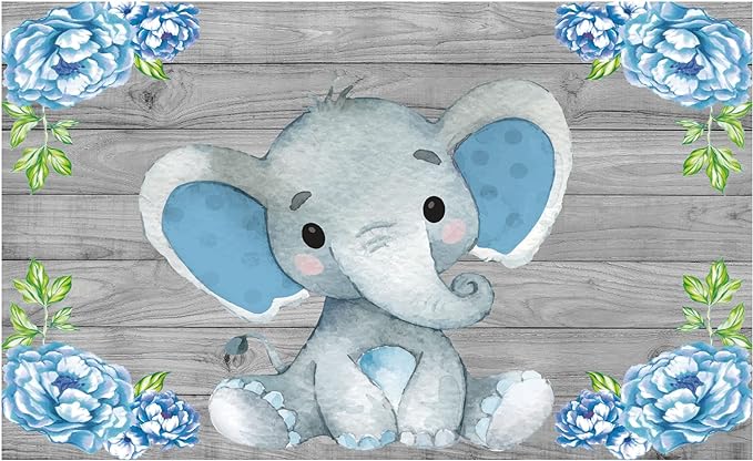 Photo 1 of Allenjoy Rustic Grey Wood Elephant Backdrop Supplies for Baby Shower Blue Floral It's a Boy Newborn Kids Birthday Party Decorations Studio Cake Smash Candy Dessert Photography Banners Props