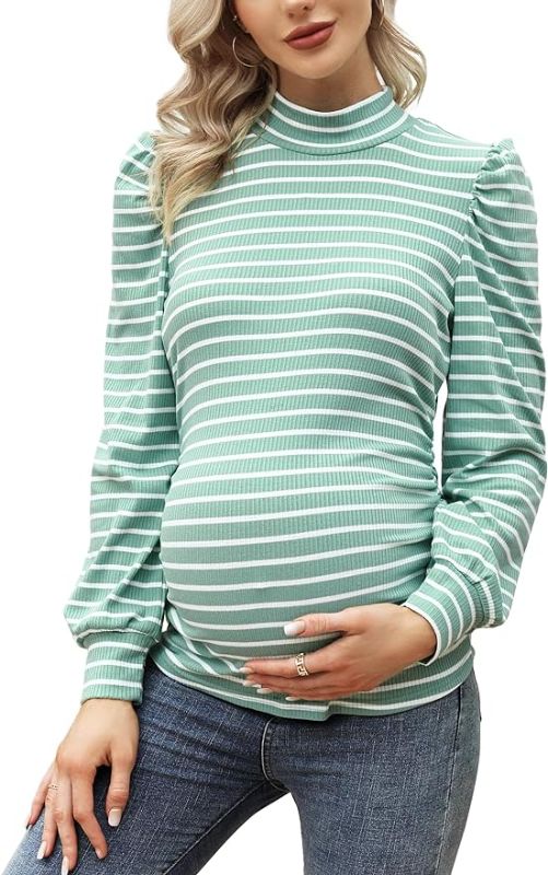 Photo 1 of Coolmee Women's Knit Ribbed Maternity Top Mock Neck Long Sleeve Shirts Pregnant Ruched Tunic Pullover Top SIZE S