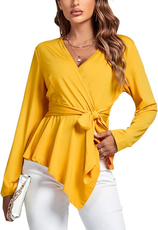 Photo 1 of Rooscier Women's Wrap V Neck Tie Waist Peplum Ruffle Hem Long Sleeve Blouse Top Shirt SIZE XS