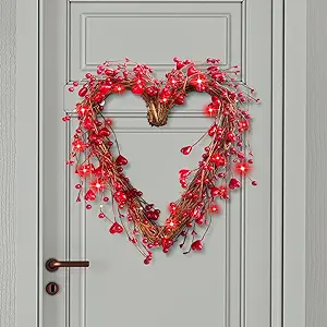 Photo 1 of Yuxung 18 Inch Valentine's Day Wreath with 30 Lights Heart Shaped Berry Wreath Front Door Decoration Rustic Twig Battery Operated Valentine Decor for Wedding Party Anniversary (Bright Heart Style) 