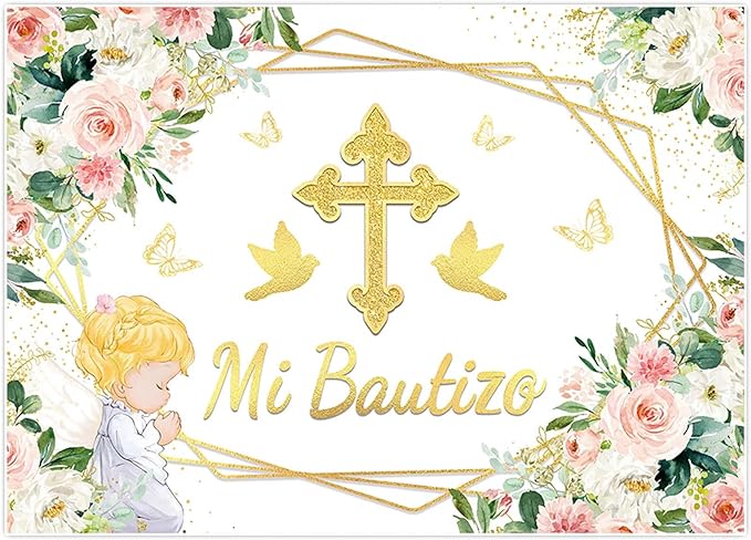 Photo 1 of Allenjoy 82" x 59" Pink and Gold Floral Baptism Backdrop for Baby Girl Spanish Mi Bautizo Butterfly Pigeon 1st Birthday Party Supplies Decorations Banner Photo Booth Props Favor Background