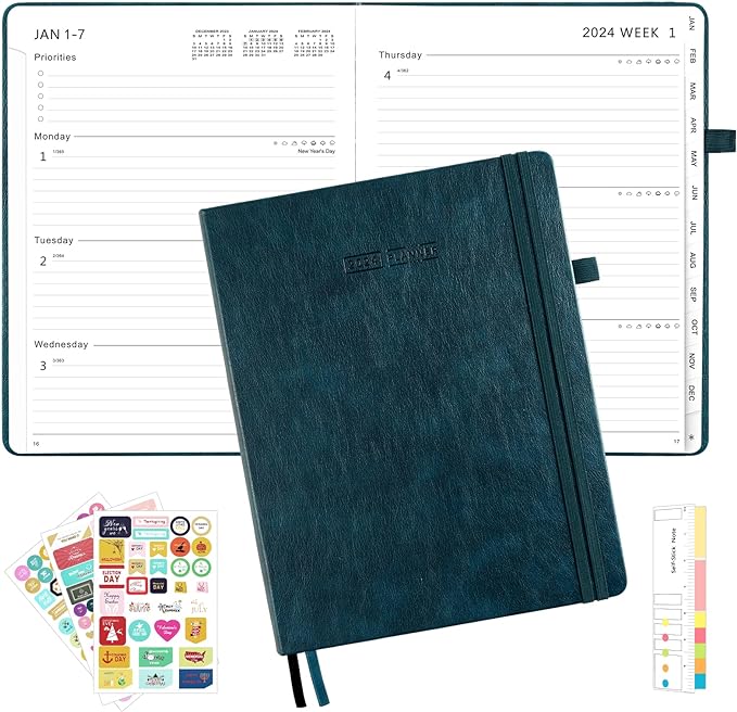 Photo 1 of Ospelelf Planner 2024, 2024 Calendar 12 Monthly Planner and Weekly Planner 8.5" x 11", Interior Pocket, Bookmark Cord, Elastic Closure and Pen Loop Series, Faux Blue Leather 