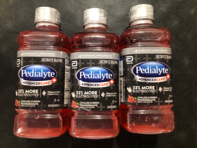 Photo 2 of 3 pack Pedialyte AdvancedCare+ Electrolyte Drink with 33% More Electrolytes and has PreActiv Prebiotics, Chilled Cherry Pomegranate, Ginger, 33.8 Fl Oz