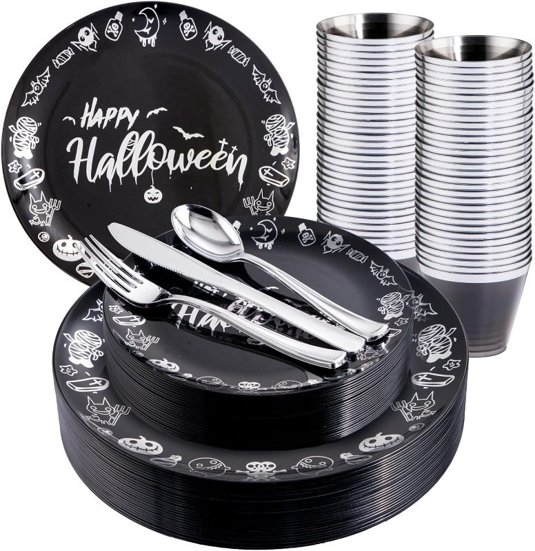 Photo 1 of 150PCS Halloween Plastic Plates - Black and Silver Disposable Plates include 25 Dinner Plates, 25 Salad Plates, 25 Forks, 25 Knives, 25 Spoons, 25 Cups for Halloween & Parties
