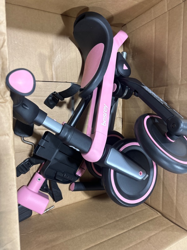 Photo 2 of besrey Toddler Bike, 5 in 1 Tricycles for 1-3 Year Old, Balance Bike with Removable Pedal & Backrest, Kids Tricycle with Parent Steering Push Handle, Birthday Gift for Kids and Toddlers Classic Pink No Canopy