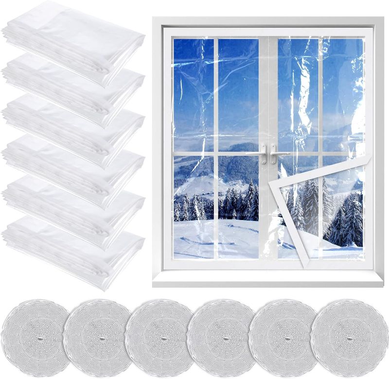 Photo 1 of 6 Pcs Winter Window Insulation Kit 47 x 63 in Clear Thermal Window Coverings Adhesive Plastic Window Cover with Hook and Loop Reusable Transparent Window Insulation Film Window Wrap for Warm
