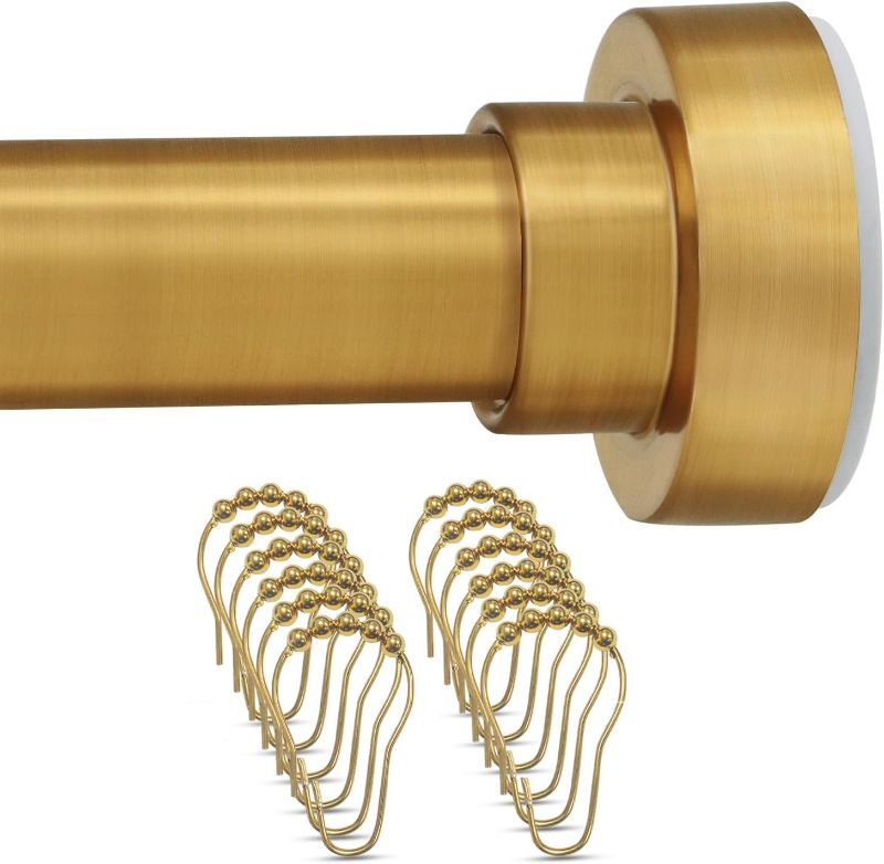 Photo 1 of  Tension Curtain Rod with 12 Shower Curtain Rings, Never Rust, Non-Slip, No Drill Tension Rod 34-52 Inches, Adjustable Short Shower Rod - Stainless Steel, Brushed Gold, Size:34-52inches(2.8-4.3ft)