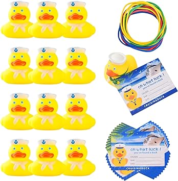 Photo 2 of 12 Sets Duck Tag Cruise Kits, 12pcs Funny Rubber Ducks for Cruise Ships and 12pcs Tags with Elastic Bands, Yellow Rubber Ducks for Cruises for Kids Students Party Ducking Games