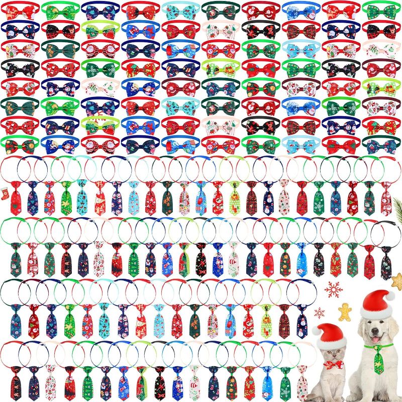 Photo 1 of 160 Pieces Christmas Dog Bow Tie Collar Set Dog Cat Bow Ties Neck Ties Adjustable Dog Bowties Collar Grooming Accessories for Christmas Dogs Pets Supplies Decor (Snowflake Pattern) 