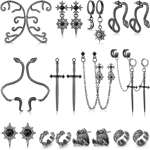 Photo 1 of 12 Pairs Stainless Steel Gothic Dangle Earrings For Men Women, Black Y2K Punk Hoop Earrings Hinged Hoop Dangle Cross Earrings Hip Hop Long Chain Kpop Earrings set for Unisex Teen Party Birthday Gifts 