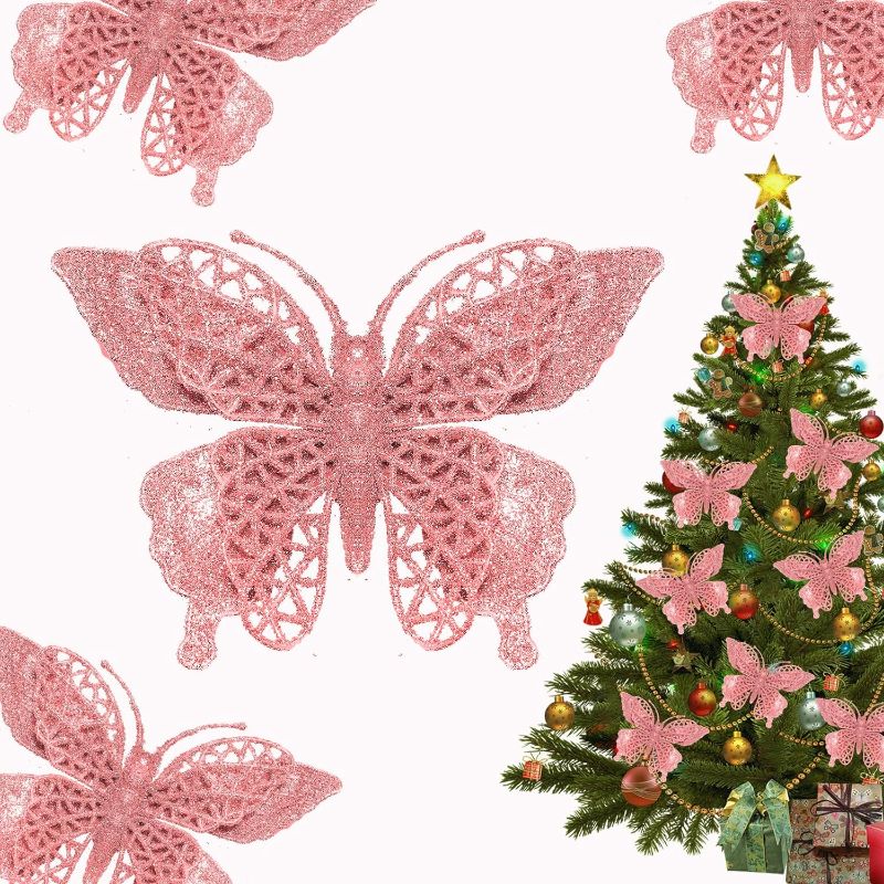 Photo 1 of 16 Pcs 2 Size Christmas Tree Butterfly Decorations?Glitter Hollow Butterfly Ornaments for Christmas Tree and Holiday Crafts?Pink
