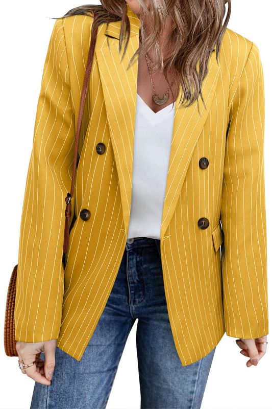 Photo 1 of CHICZONE Womens Long Sleeve Casual Blazer Open Front Lapel Button Work Office Pinstripe Blazer Jacket 3-yellow SIZE Large