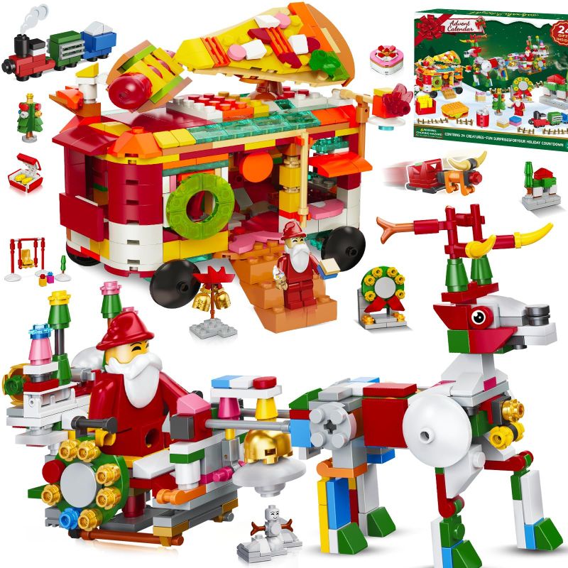 Photo 1 of AMENON 2023 Advent Calendar Christmas Building Blocks Transform Toy Sets ?24 In 2 Santa Claus On Sleigh & Food House Theme?24 Days Countdown Calendar Xmas Stocking Stuffer Gifts Party Favors for Kids