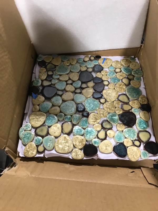 View 2 of Blujellyfish Pebble Porcelain Tile Fambe Turquoise Green Beige Shower Floor Pool Alley Tiles Mosaic TSTGPT005 (5 Square Feet) Turquoise 2 sheets