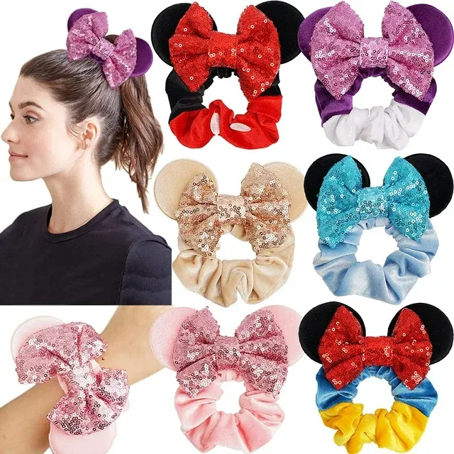 Photo 1 of 6 Pack Mouse Ears Scrunchies Velvet Sparkle Sequin Bows Hair Scrunchies Hair Ties Elastic Rubber Bands Ponytail Holders for Kids Women Girls Adult Christmas Party Decoration ?Blue&Red&Purple?