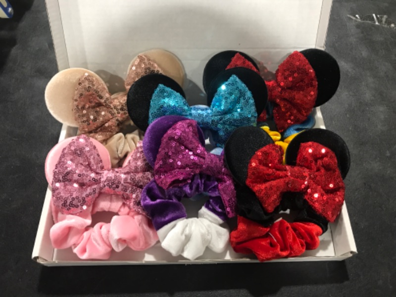 Photo 2 of 6 Pack Mouse Ears Scrunchies Velvet Sparkle Sequin Bows Hair Scrunchies Hair Ties Elastic Rubber Bands Ponytail Holders for Kids Women Girls Adult Christmas Party Decoration ?Blue&Red&Purple?