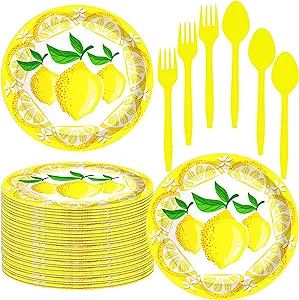 Photo 1 of 120 Pcs Lemon Party Supplies,Yellow Lemons Summer Party Decoration lemonade Party Tableware Set 9"Yellow Lemon Party Paper Plates Fork Spoon for Lemons Lemonade Themed Birthday Decorations