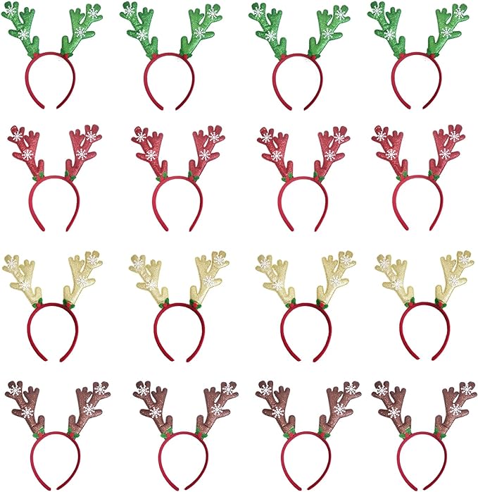 Photo 1 of Dyhayaer 16Pcs Christmas Reindeer Antlers Headbands, Red Green Gold Brown Deer Antlers Headbands For Christmas Party Decoration, Boys Girls Christmas Gift