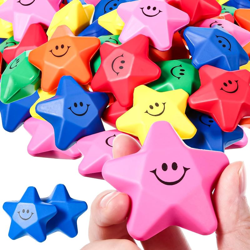 Photo 1 of 36 Pieces 1.6 Inch Colorful Smile Face Star Stress Balls Thank You Star Mini Foam Ball Stress Relief Balls Star Stress Toys for Birthday School Office Supplies Gifts Bag Fillers (Smile)

