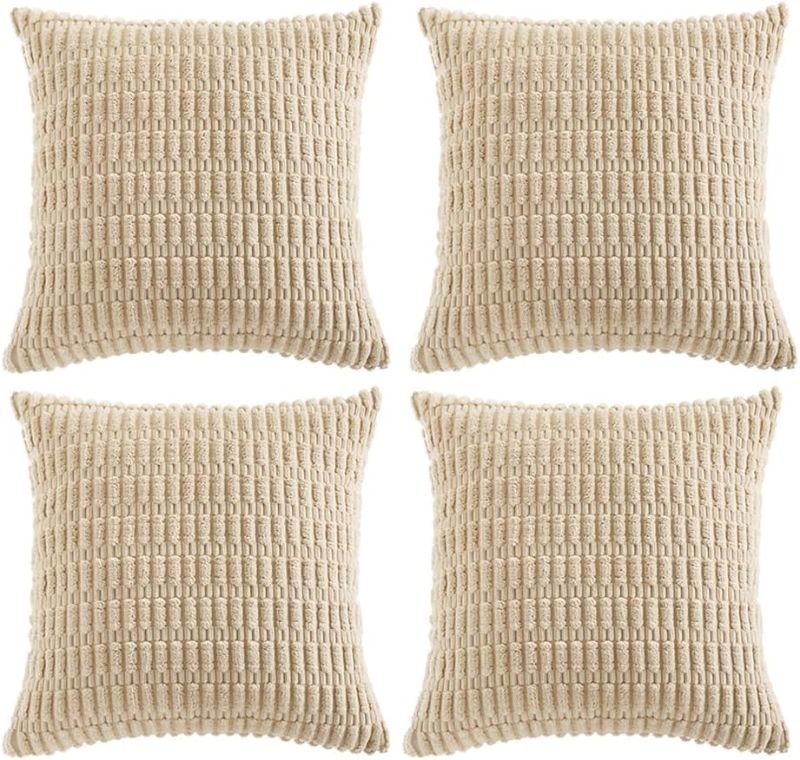 Photo 1 of 
Roll over image to zoom in






Fancy Homi 4 Packs Tan Decorative Throw Pillow Covers 26x26 Inch for Living Room Couch Bed Sofa, Beige Rustic Farmhouse Boho Home Decor, Soft Plush Striped Corduroy Square Cushion Case 66x66 cm
