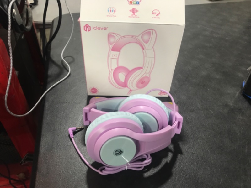 Photo 2 of iClever Kids Headphones with Cat Ear Led Light Up, Safe Volume Limite Kids Wired Headphones, FunShare Foldable Over-Ear Headphones for Kids/School/iPad/Tablet/Travel, Meow Donut-Light Purple Light Purple Medium