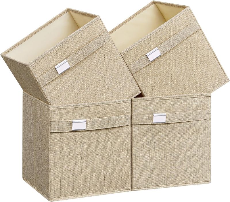 Photo 1 of SONGMICS Storage Cubes, Set of 4 Cube Storage Bins, 10.2 x 10.2 x 11 Inches, 2 Handles, Oxford Fabric and Linen-Look Fabric, Easy to Clean, Foldable, Metal Label Holders, Sand Beige UROB226Y04
