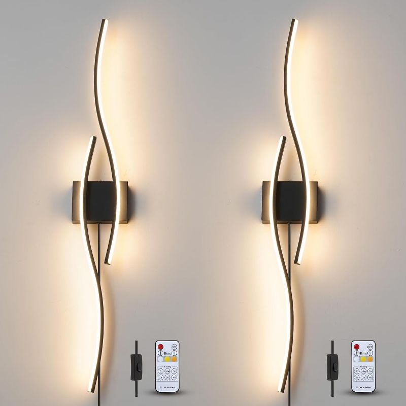 Photo 1 of Modern Plug in Wall Sconces Set of Two, RC Dimmable LED Plug in Wall Light, Black Sconce Wall Lighting for Living Room, Hallway, Bedroom
