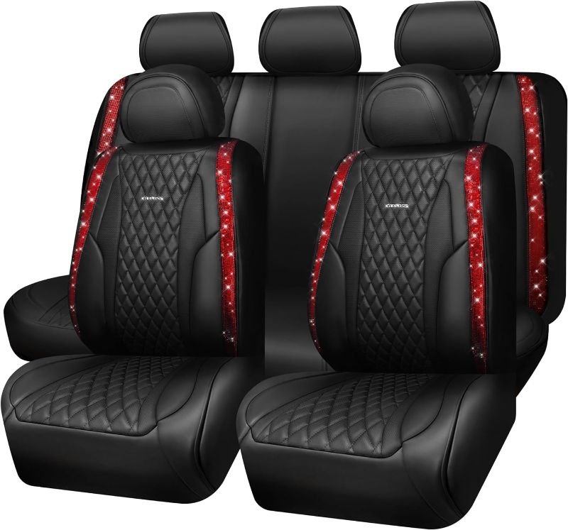 Photo 1 of CAR PASS® Nappa Leather Bling Diamond Black Red Seat Covers Full Set, Waterproof Calfskin Heavy-Duty Anti-Slip, Universal Fit for 95% Auto SUV Sedan Truck, Glitter Sparkle Shining (Red Rhinestone)

