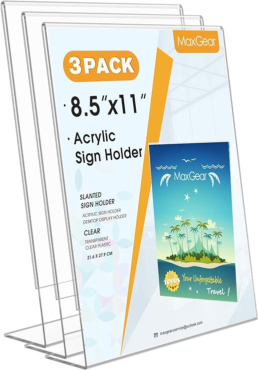 Photo 1 of MaxGear Acrylic Sign Holder, Clear Sign Holder Plastic Paper Holder Slant Back Sign Holders 8.5x11 inches Sign Holder Plastic Display Stand for Office, Store, 3 Pack
