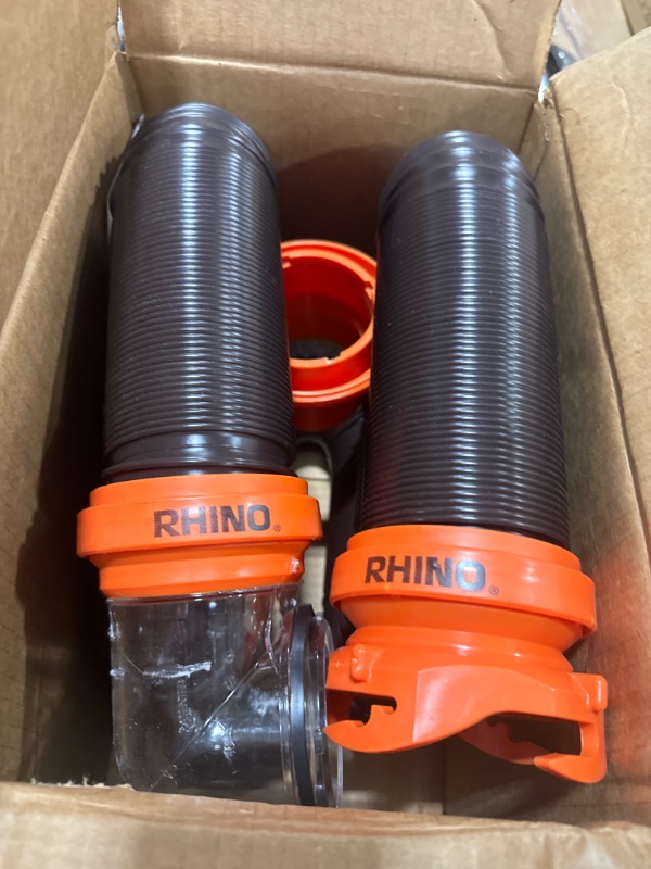 Photo 1 of Camco RhinoFLEX RV Sewer Hose Kit with Swivel Transparent Elbow and 4-in-1 Dump Station Fitting, Brown, 15 Feet (39770) 15ft Sewer Hose Kit Frustration-Free Packaging