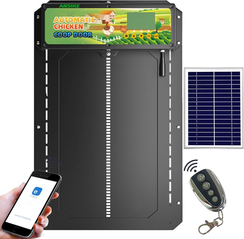 Photo 1 of ANSIKE Solar Automatic Chicken Coop Door APP Control Aluminum WiFi Chicken Coop Door Opener with Timer and Programmable Light Sensor Poultry with Remote Control 4 Power Supply Methods, Black

